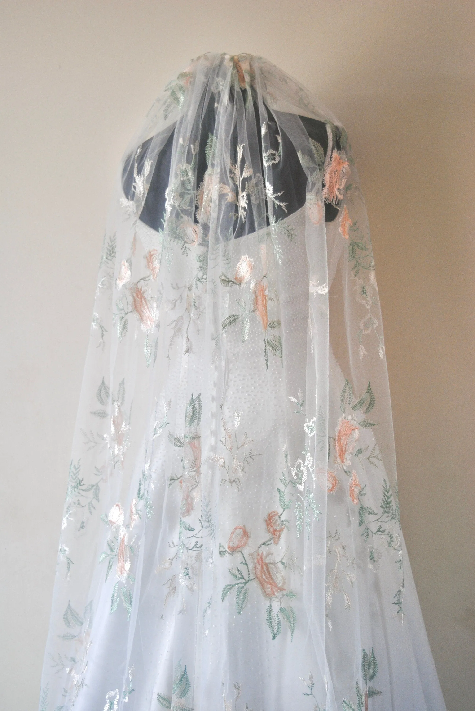 Champagne Wedding Veil Floral Embroidered Wild Rose