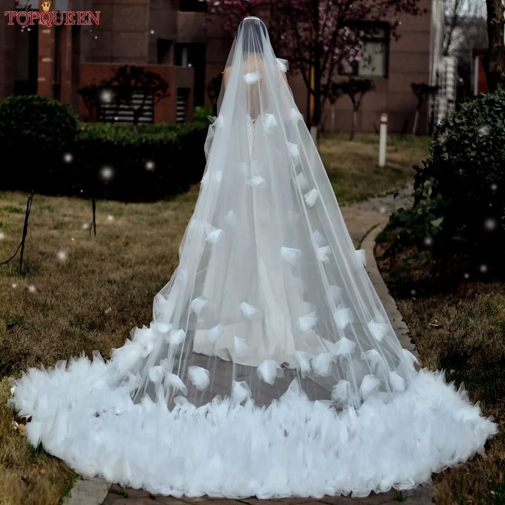 Luxury Wedding Veil with Blusher Soft Tulle 2 Tier Cathedral Length 3- 5M 3D Flowers Veil