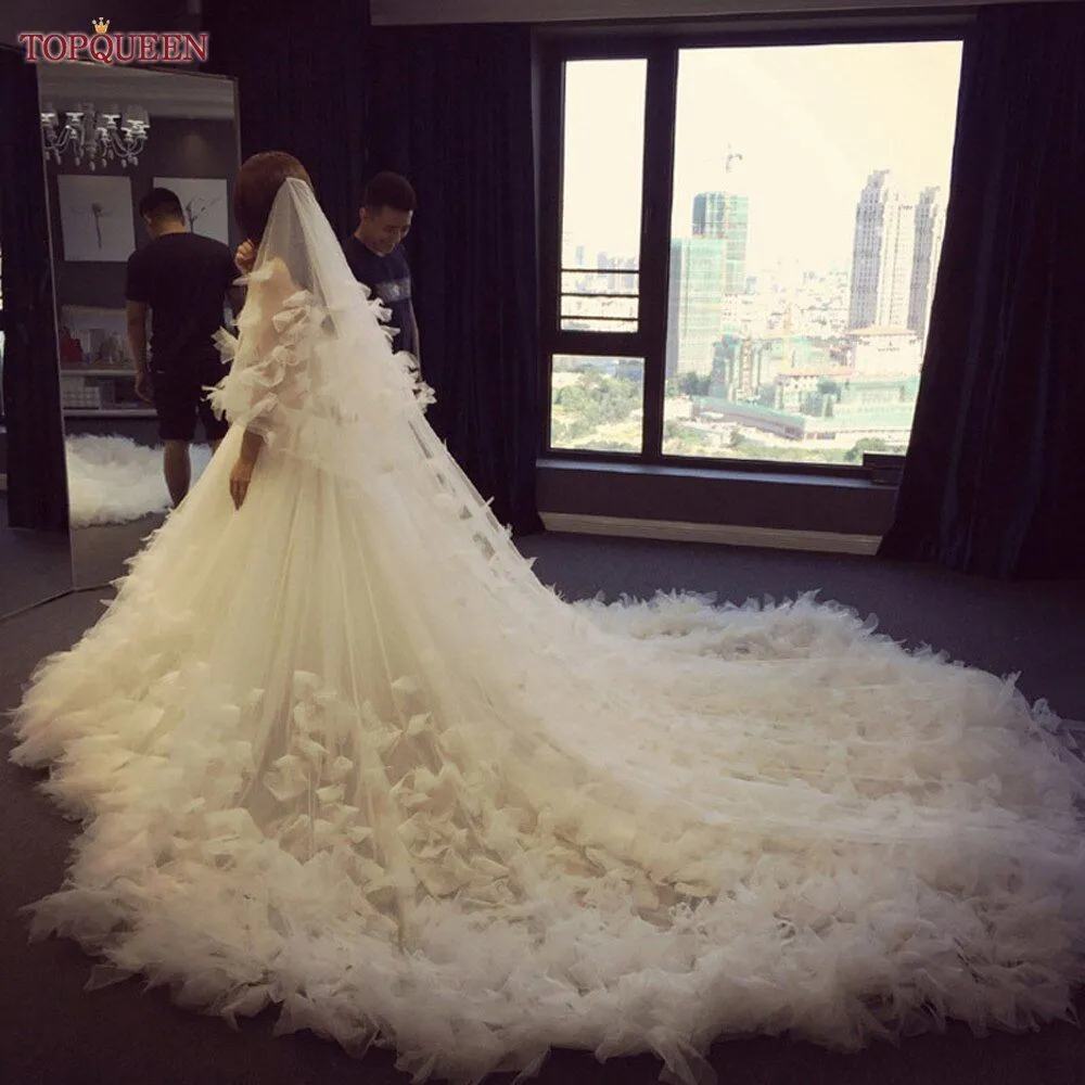 Luxury Wedding Veil with Blusher Soft Tulle 2 Tier Cathedral Length 3- 5M 3D Flowers Veil