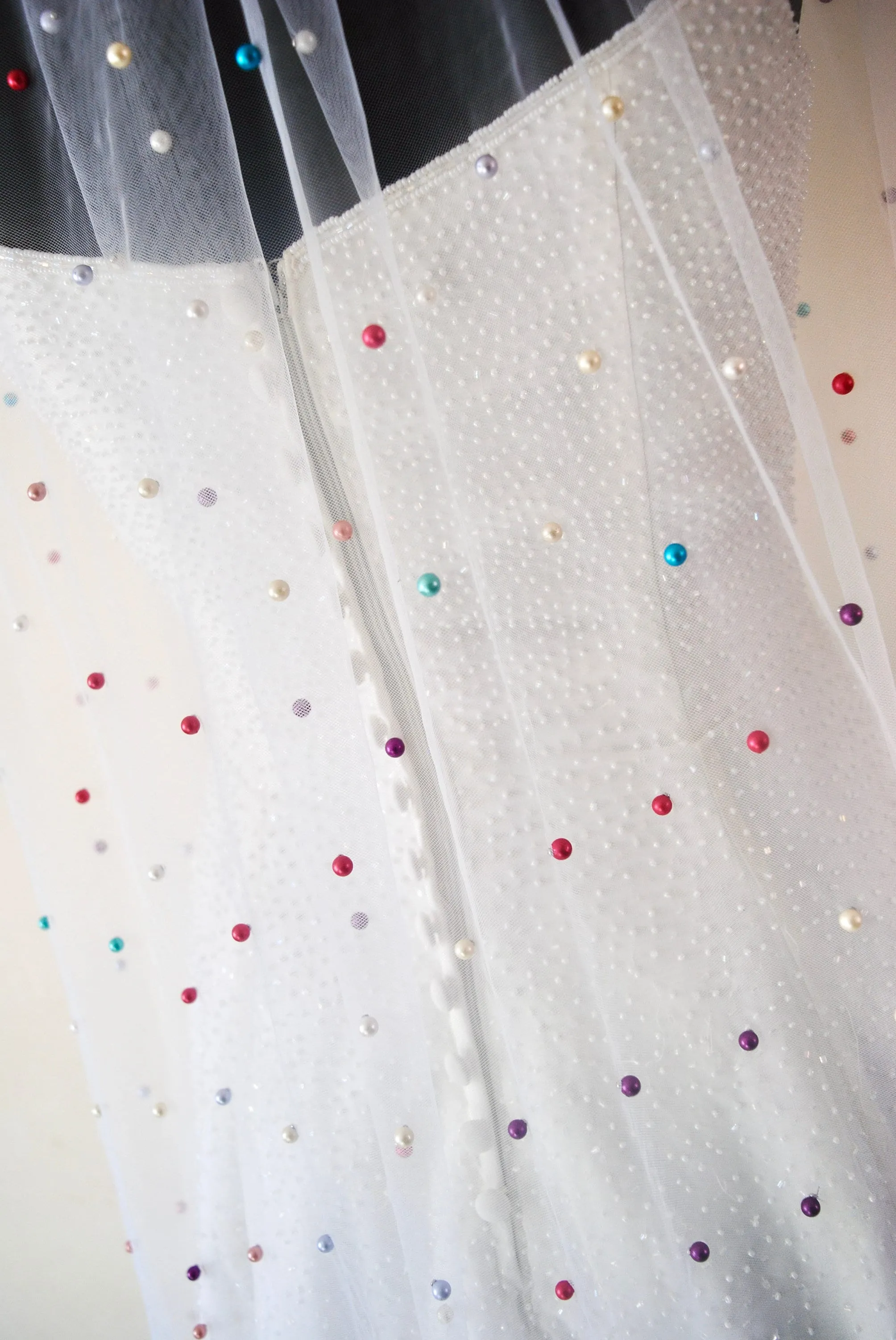 White Pearl Bridal Veil with Rainbow Multi Coloured Pearls, Disco Ball Wedding Veil