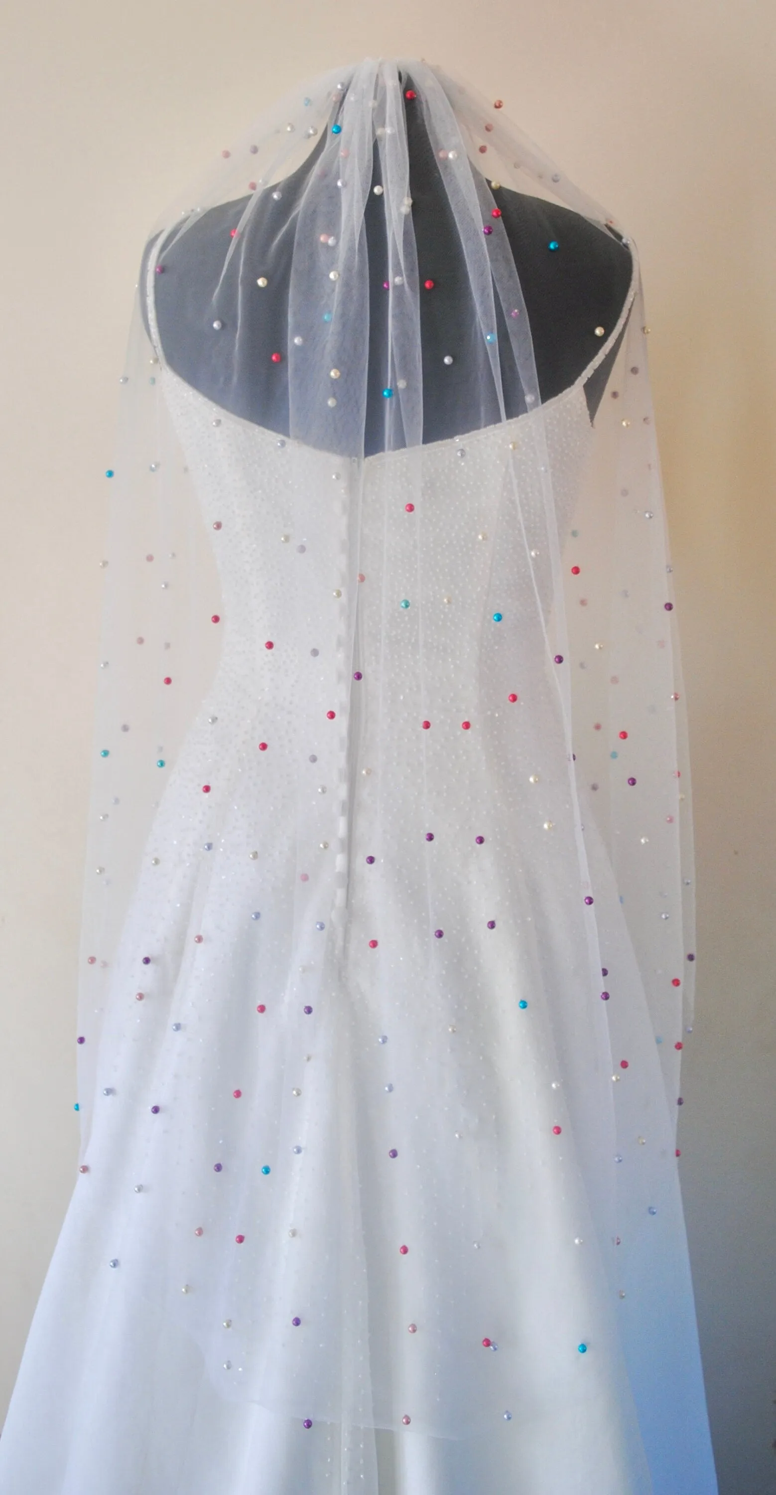 White Pearl Bridal Veil with Rainbow Multi Coloured Pearls, Disco Ball Wedding Veil
